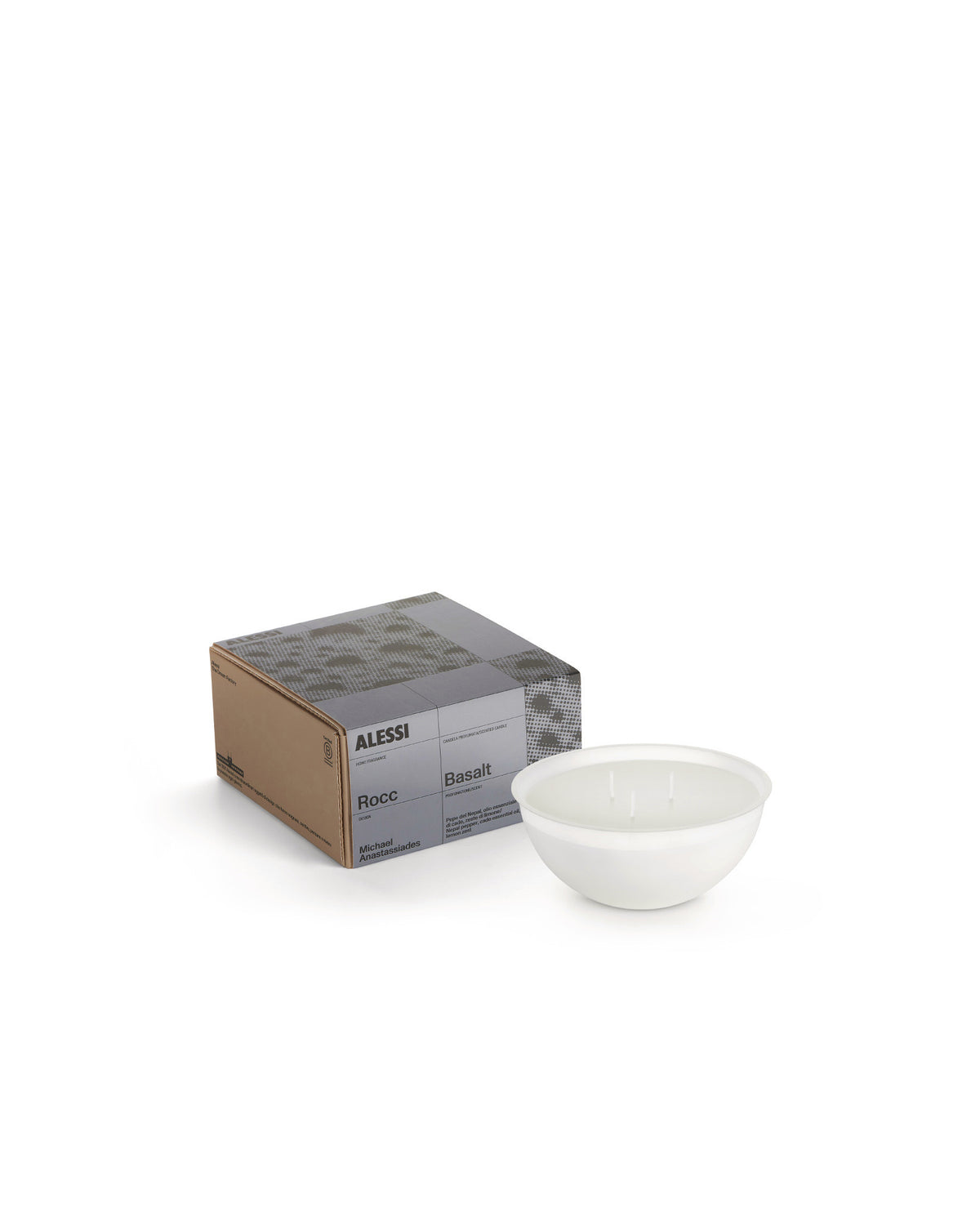 Alessi Refill Basalt L, losse geurkaars in verpakking naast rocc-container