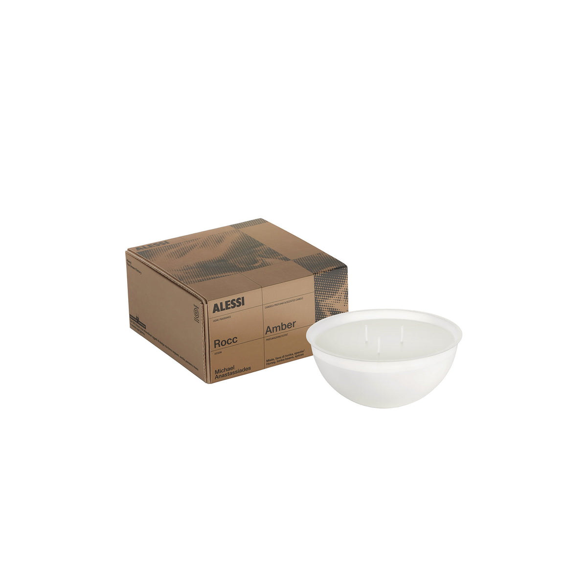 Verpakking van Alessi met losse geurkaars Rocc Amber S ernaast