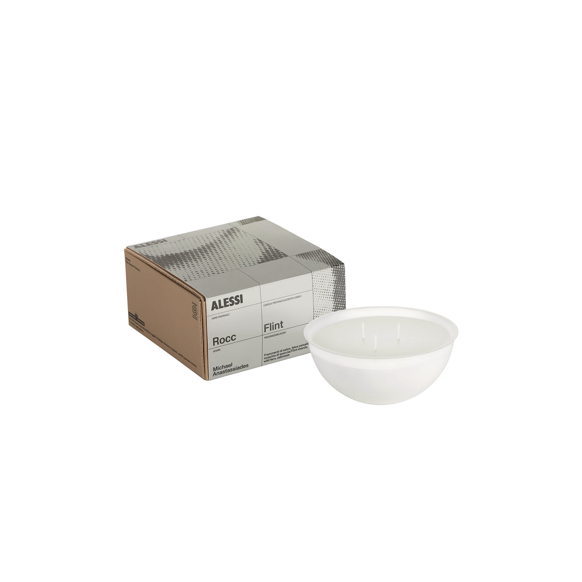 Alessi Rocc Flint losse geurkaars met drie lonten, naast verpakking