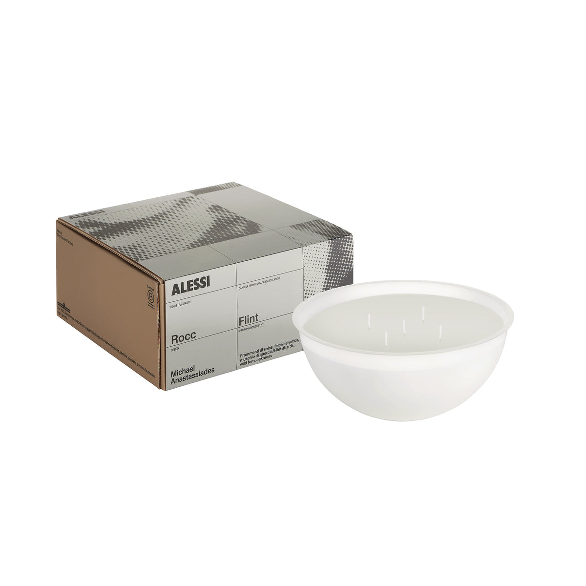 Alessi Rocc Flint L, losse geurkaars naast de verpakking