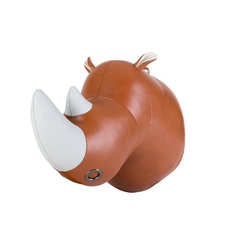 Zuny Rhino Hino wandtrofee, neushoorn in kunstleer, cognac met wit, zijaanzicht