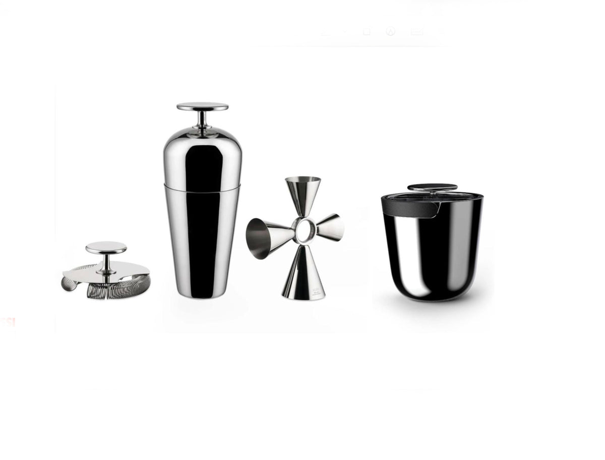 Alessi Tending Box editie 2025: shaker, jigger, ijsemmer en onderdelen naast elkaar
