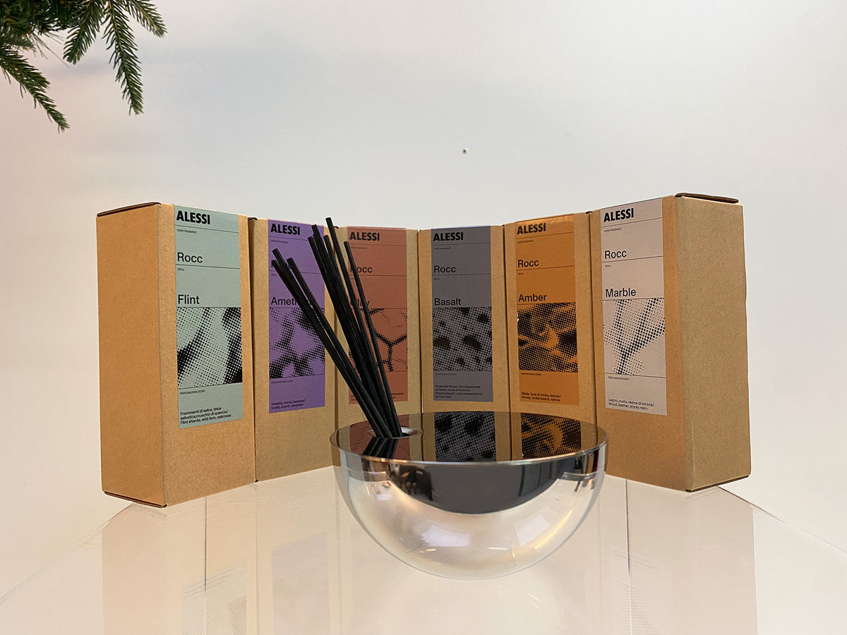 Alessi Rocc navulling Amber, verpakking naast andere geurvarianten