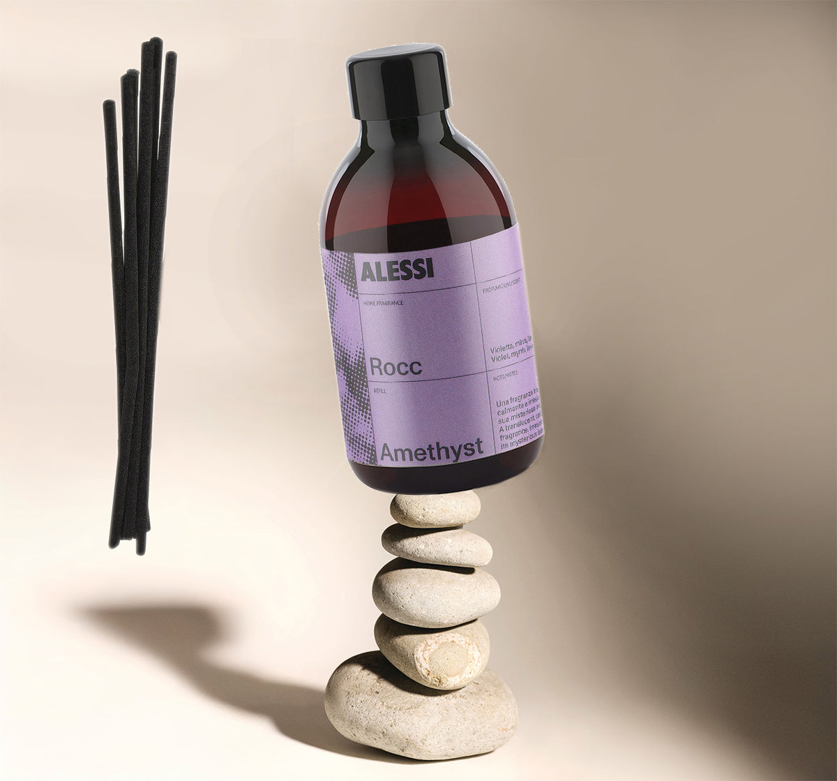 Alessi Rocc Amethyst refill, fles met zwarte stokjes