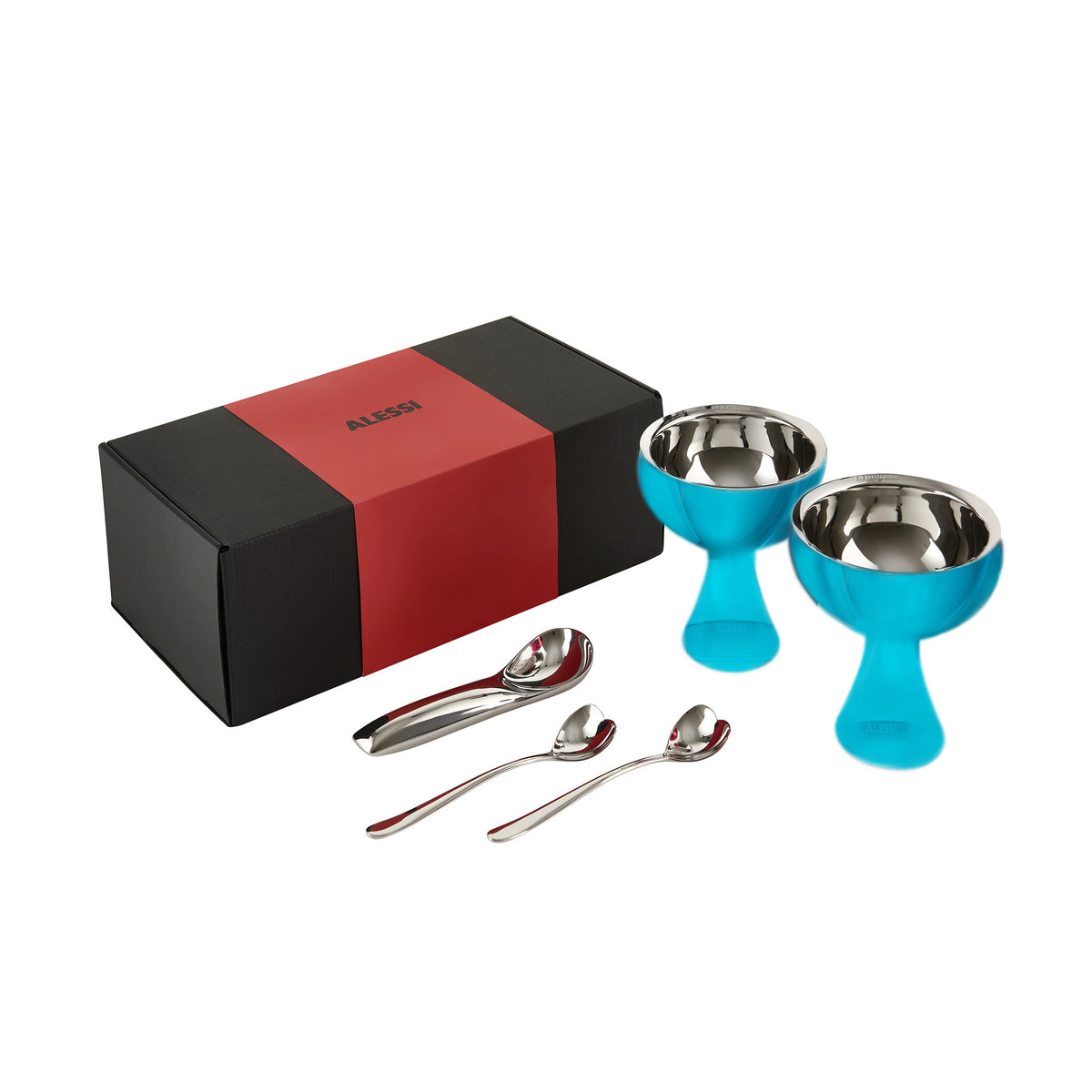 Giftset van Alessi, ontwerp Miriam Mirri: twee azuurblauwe kommetjes met rvs inzet, hartvormige lepels en ijsschep