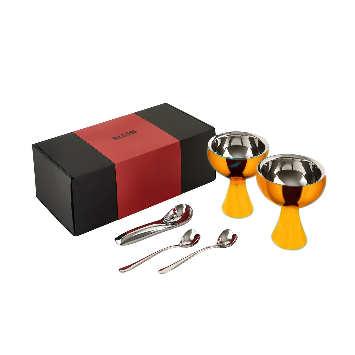 Alessi Big Love giftset: twee oranje kommetjes met rvs binnenkant, hartvormige lepels en ijsschep in geschenkdoos