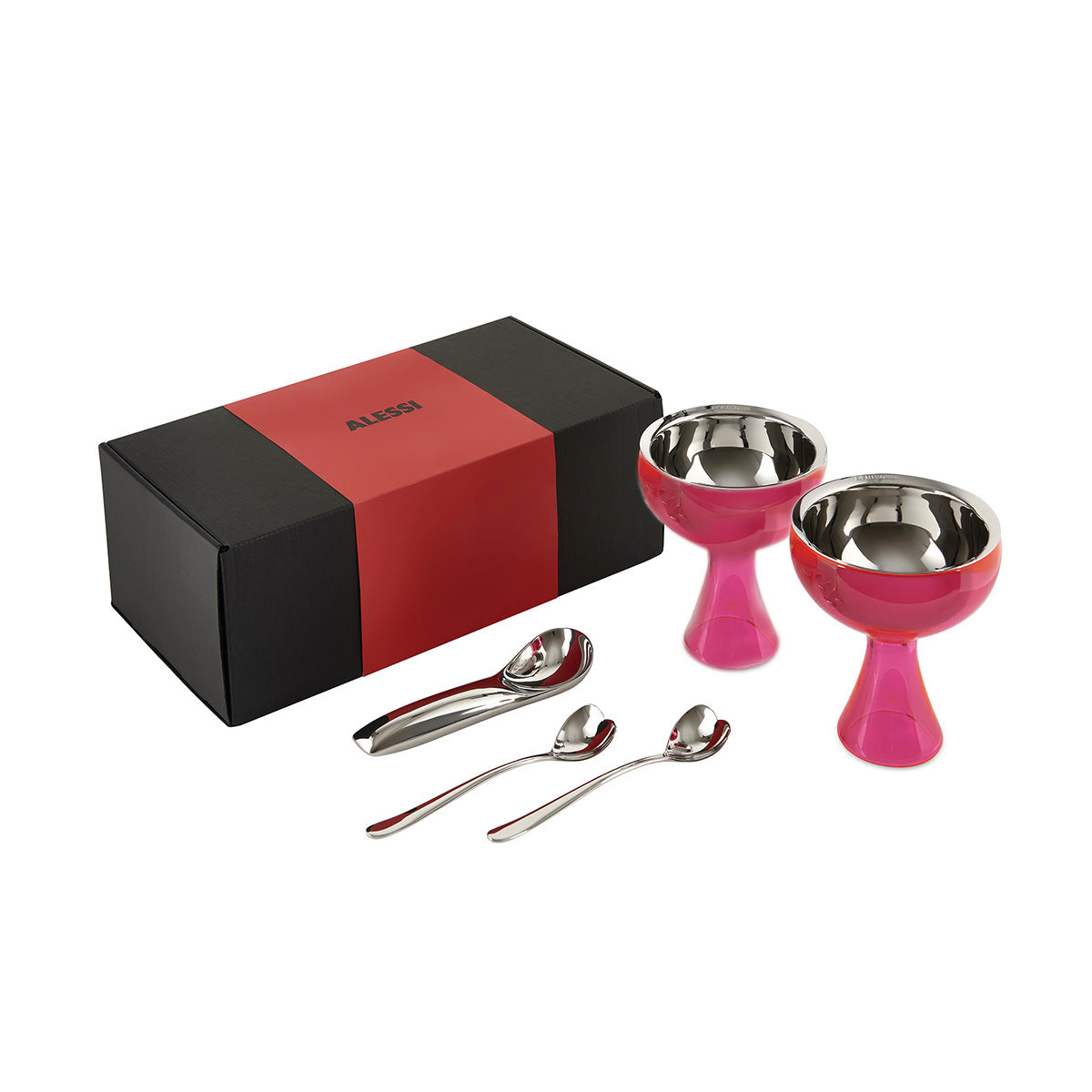 Giftset met twee Big Love ijscoupes in fuchsia, hartlepels en ijsschep in doos