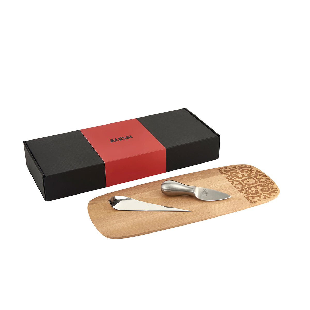 Mooie nieuwe kaasset van Alessi met Dressed en plein air serveerplank en Mami kaasmes, in geschenkdoos