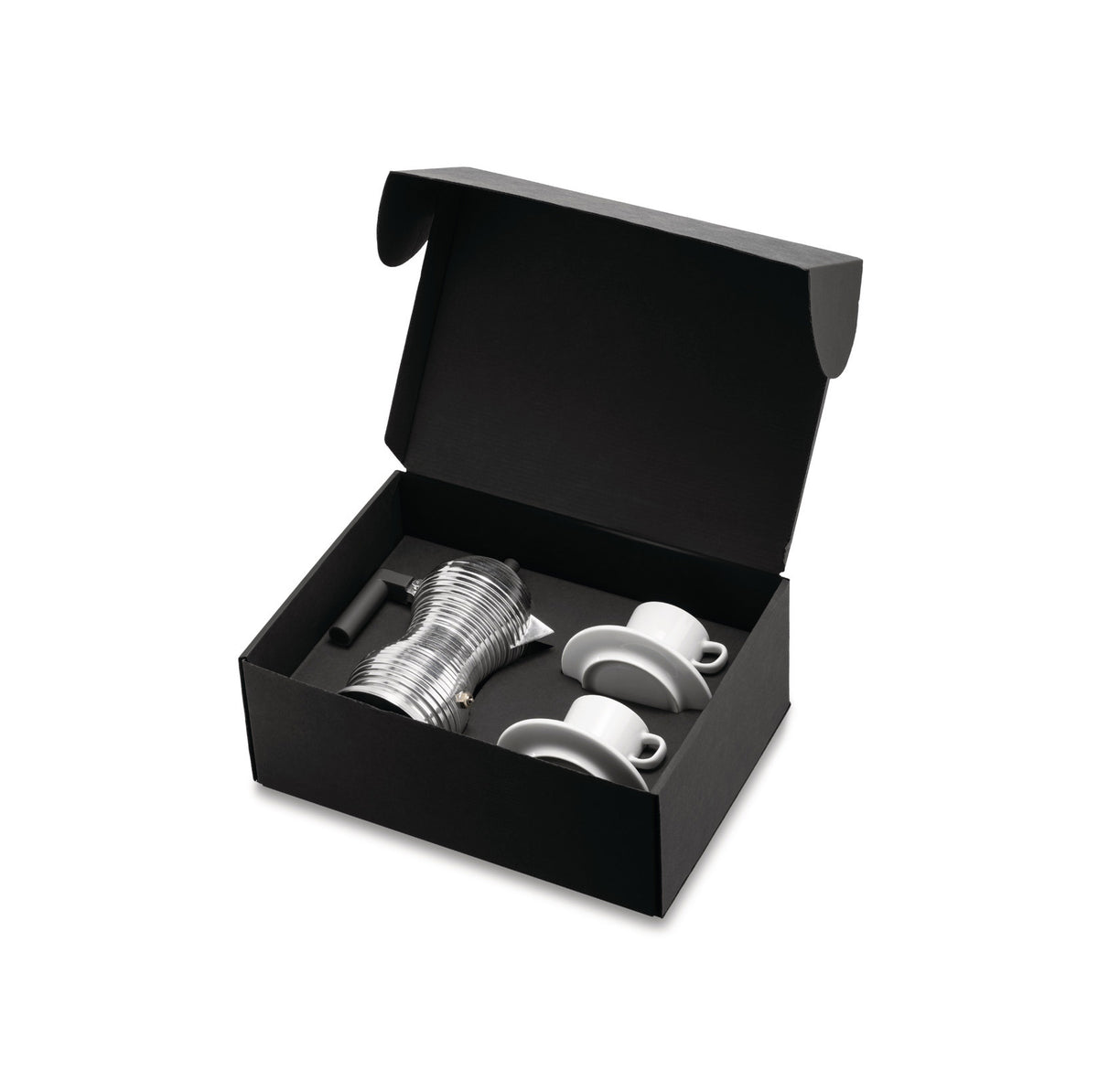 Giftset met Pulcina koffiemaker en twee kopjes van Jasper Morrison in open zwarte geschenkdoos