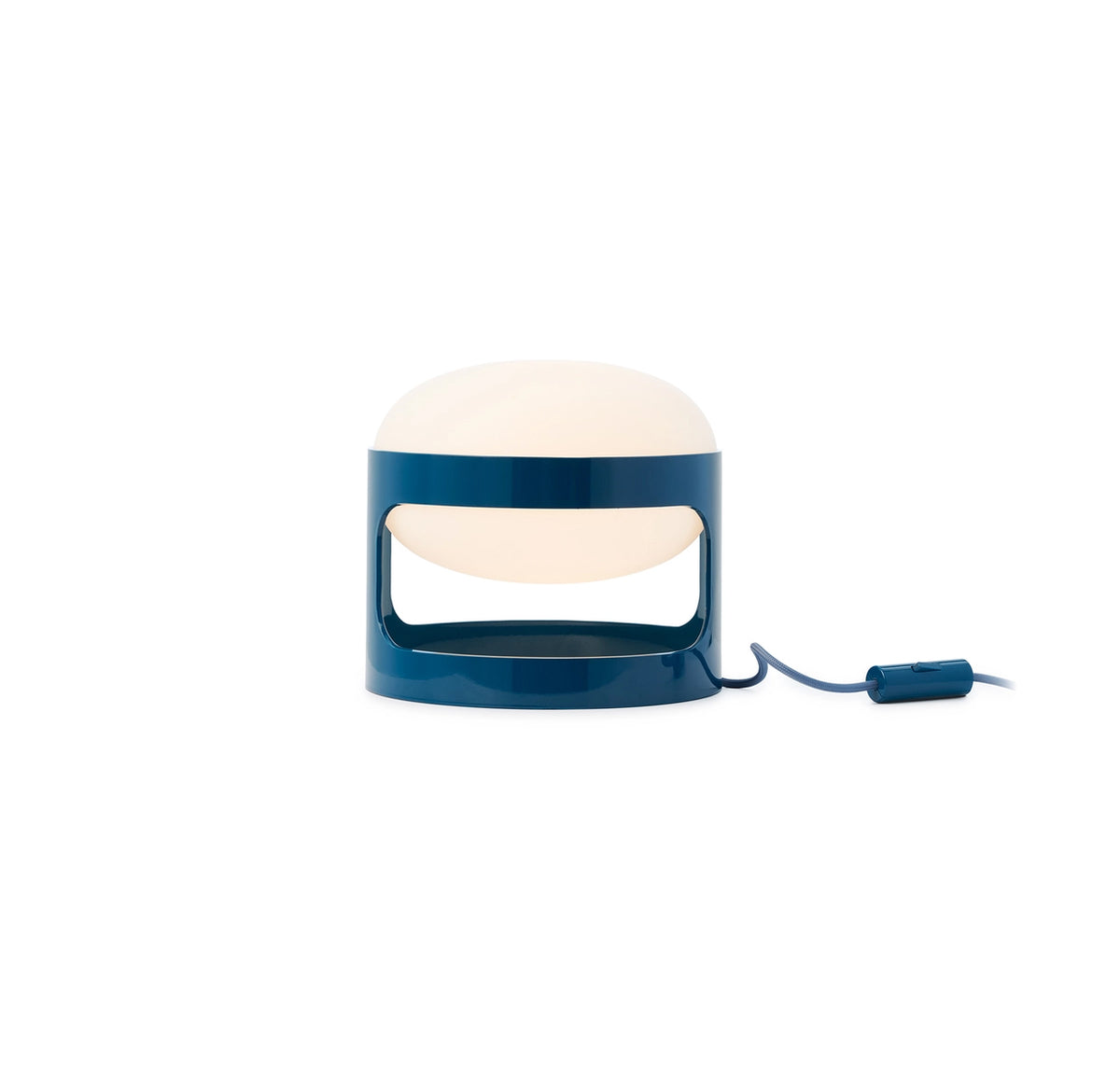 Kartell KD28 tafellamp in petrol met stoffen snoer en dimmer, ontwerp Joe Colombo.