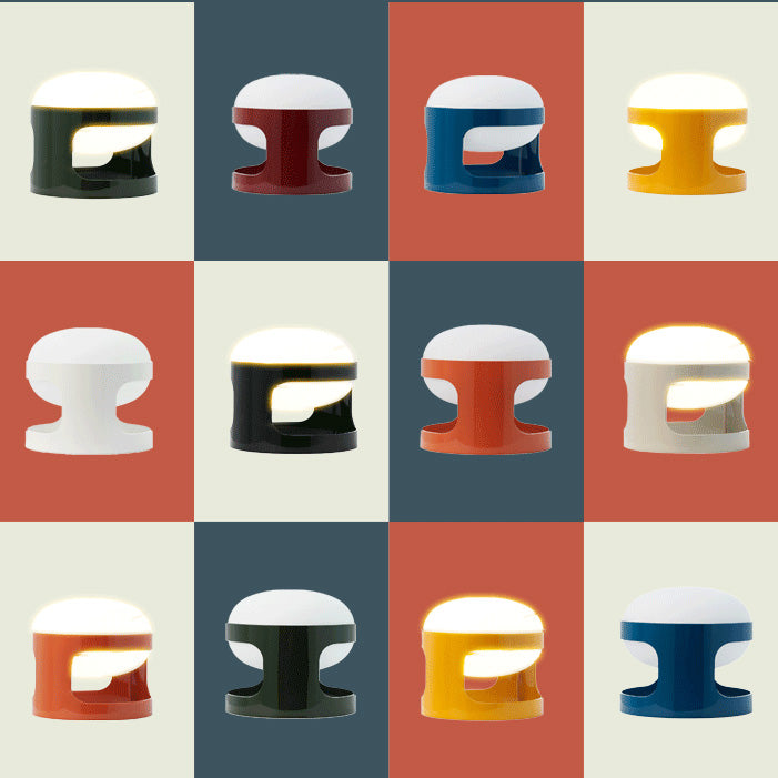 Kartell KD28 tafellamp in diverse kleuren naast elkaar, waaronder groen