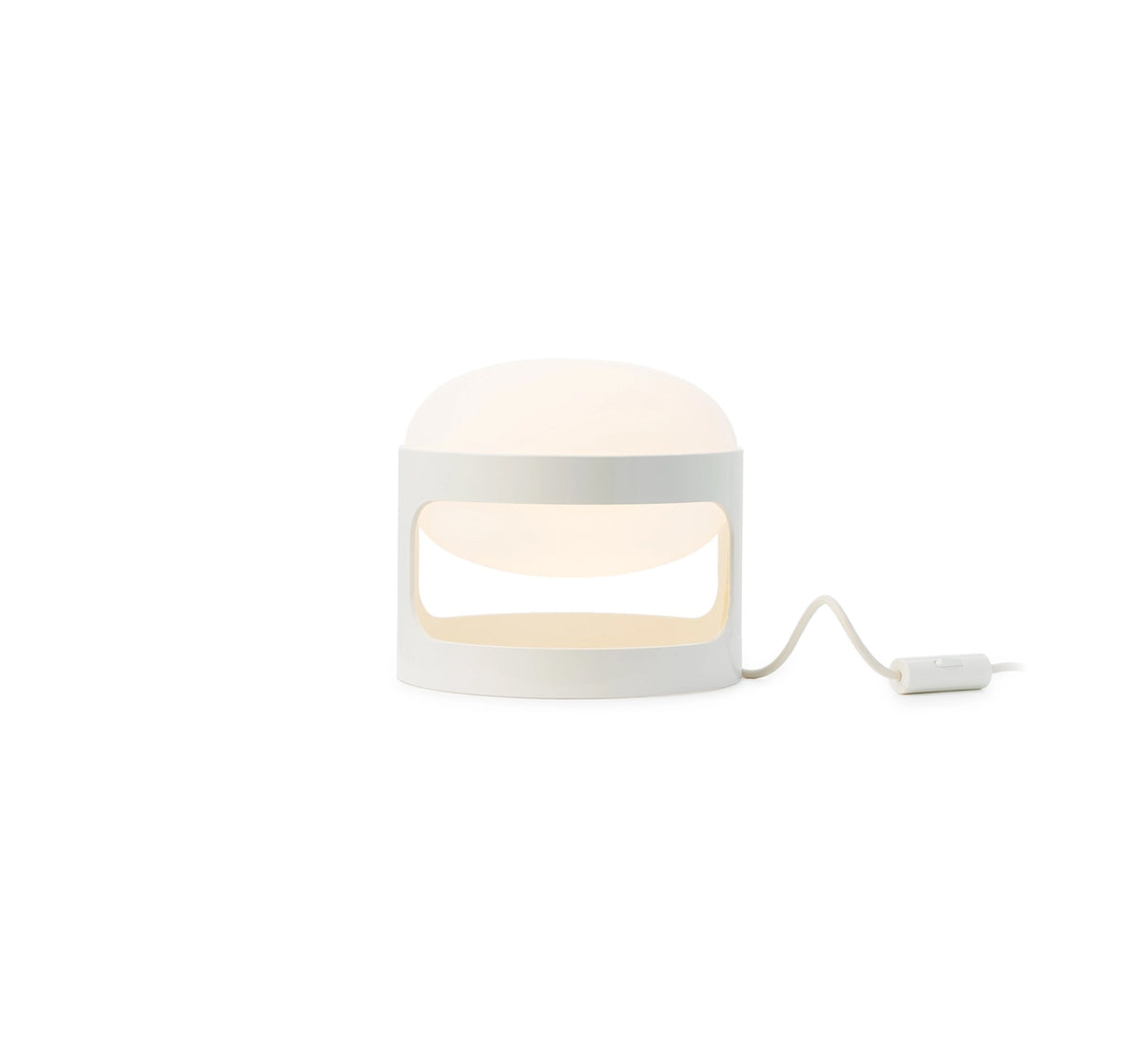 Kartell KD28 tafellamp in wit, ontworpen door Joe Colombo, met stoffen snoer