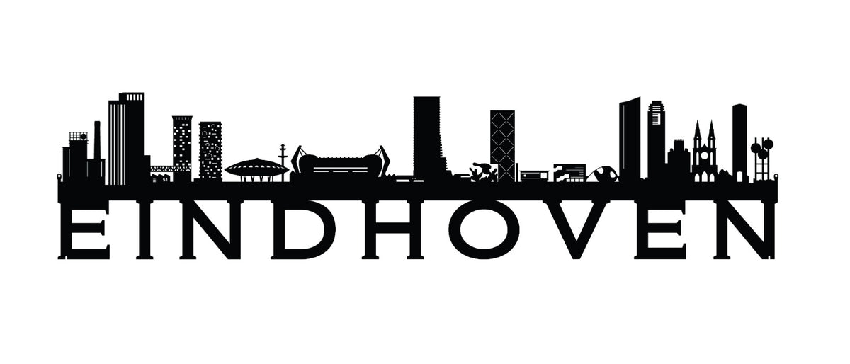 Black Eindhoven skyline decoration in laser-cut wood, front view with letters EINDHOVEN