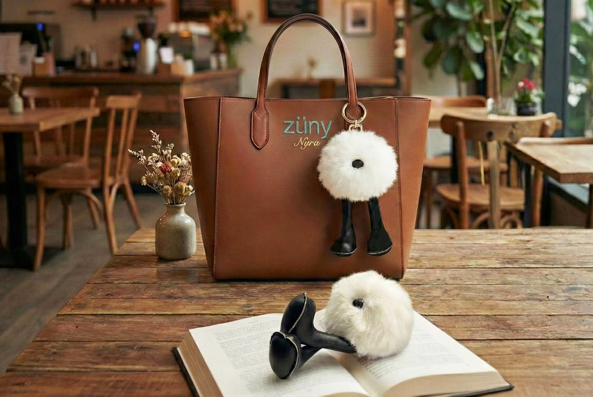 Zuny Nyra paperweight als tas-hanger en los exemplaar op een boek