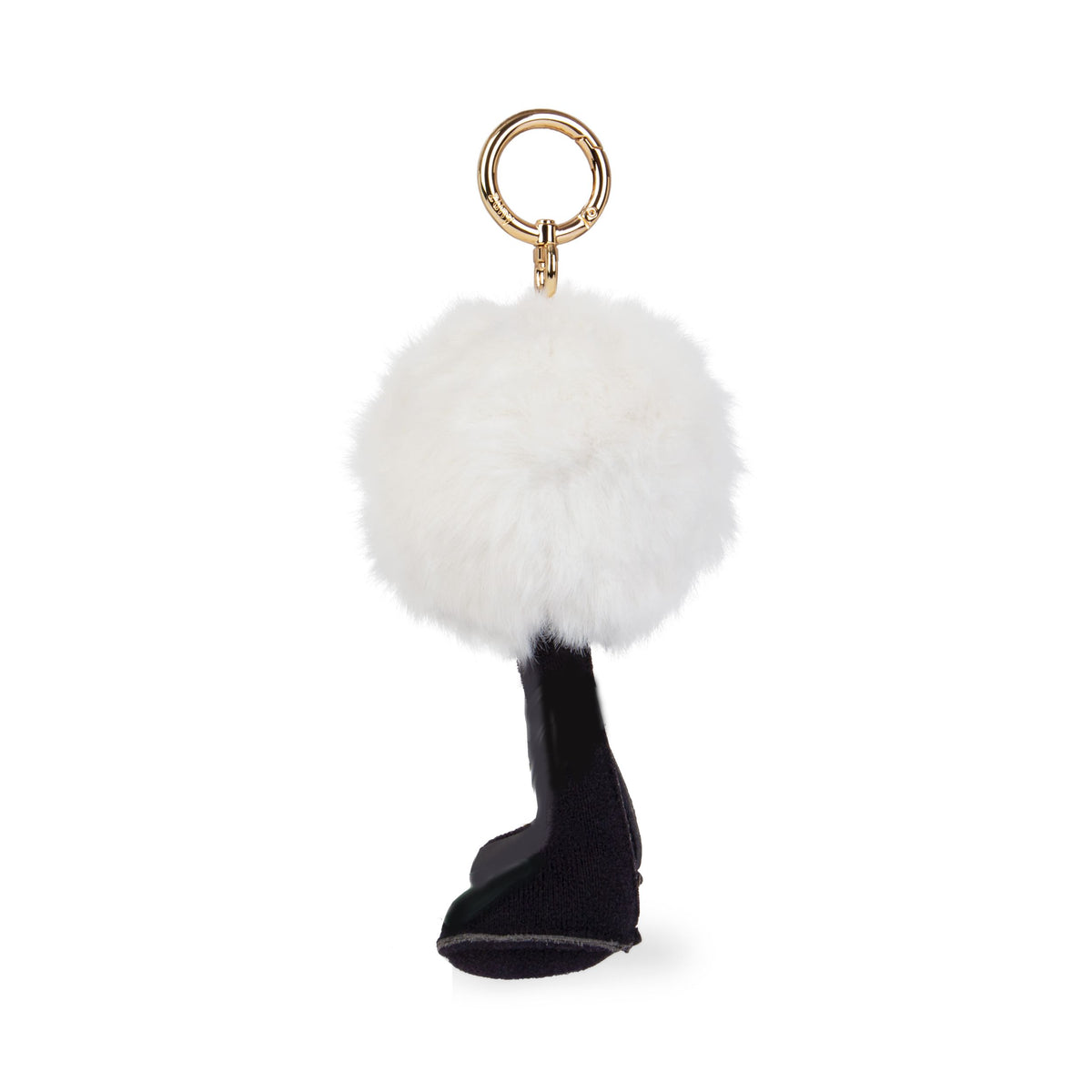 Zuny Nyra bag hook, side view of white fluffy ball with black feet