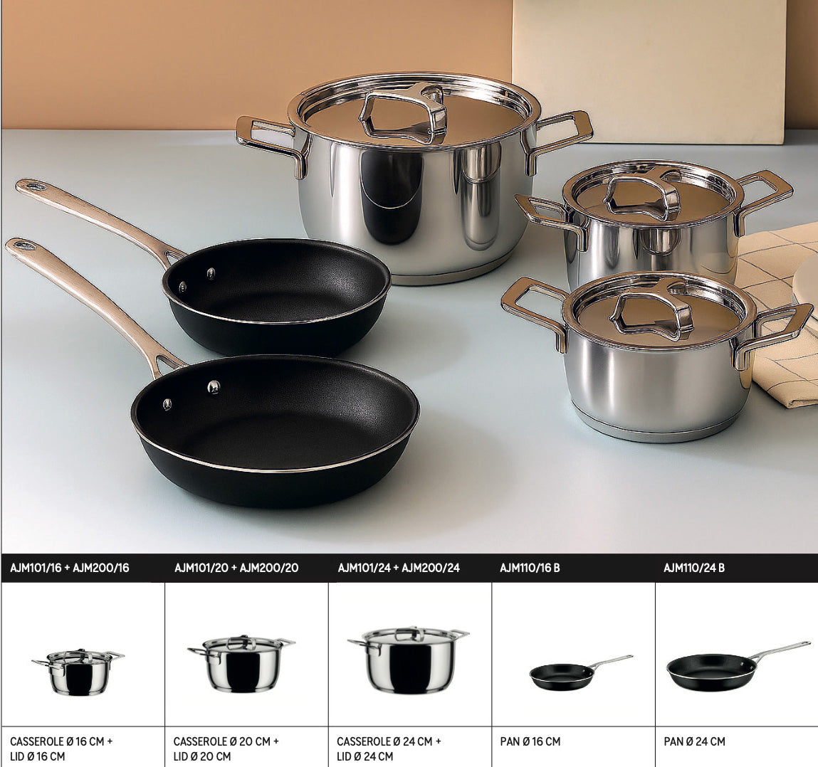 Pots&Pans pannenset op inductie, met bodem geschikt voor alle warmtebronnen, met matenoverzicht