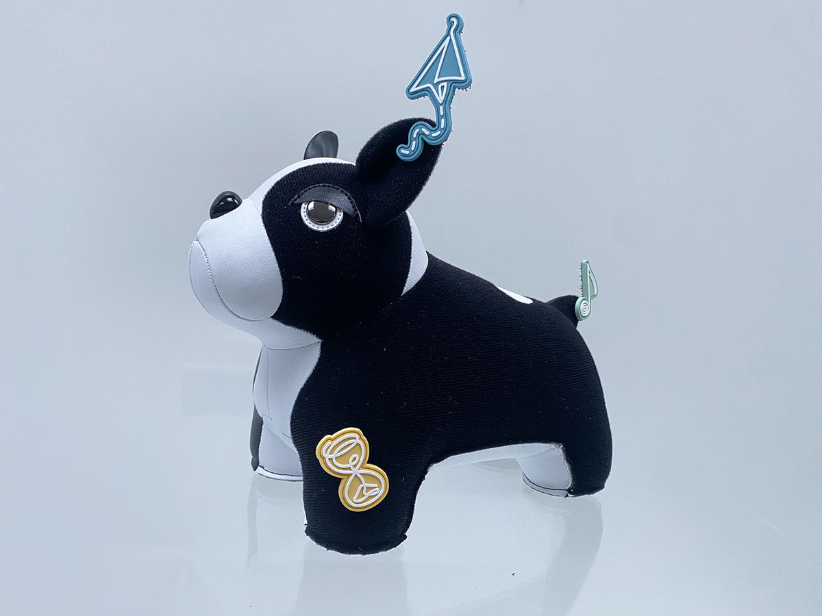 Zijaanzicht boekensteun Franse Bulldog met klittenbandlaag en twee patches