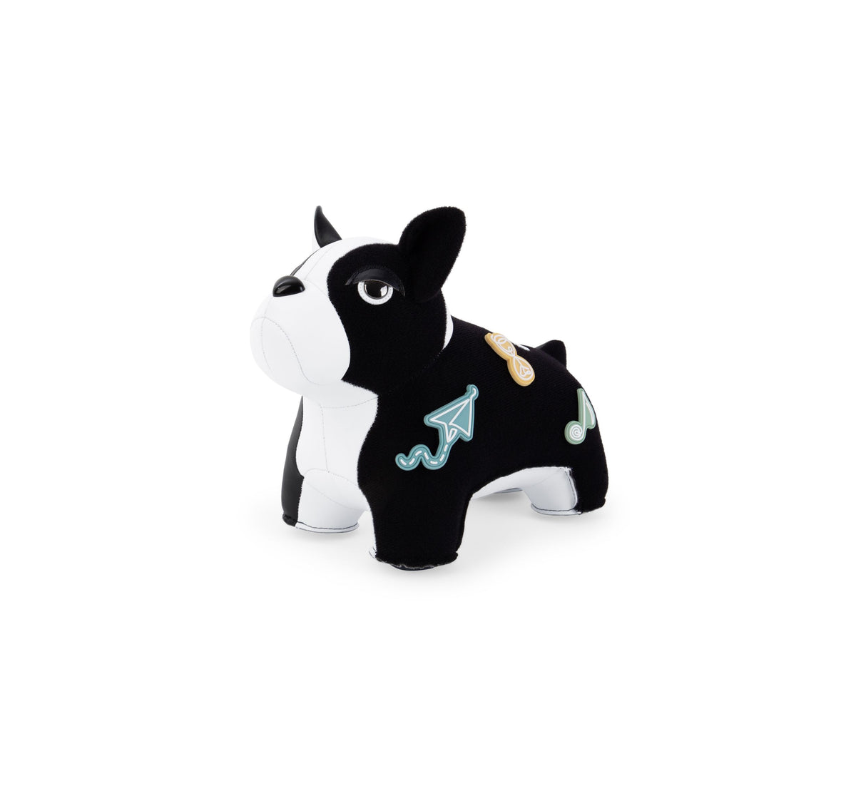 Zuny boekensteun Franse Bulldog met zwarte laag en drie decoratiepatches, driekwart aanzicht