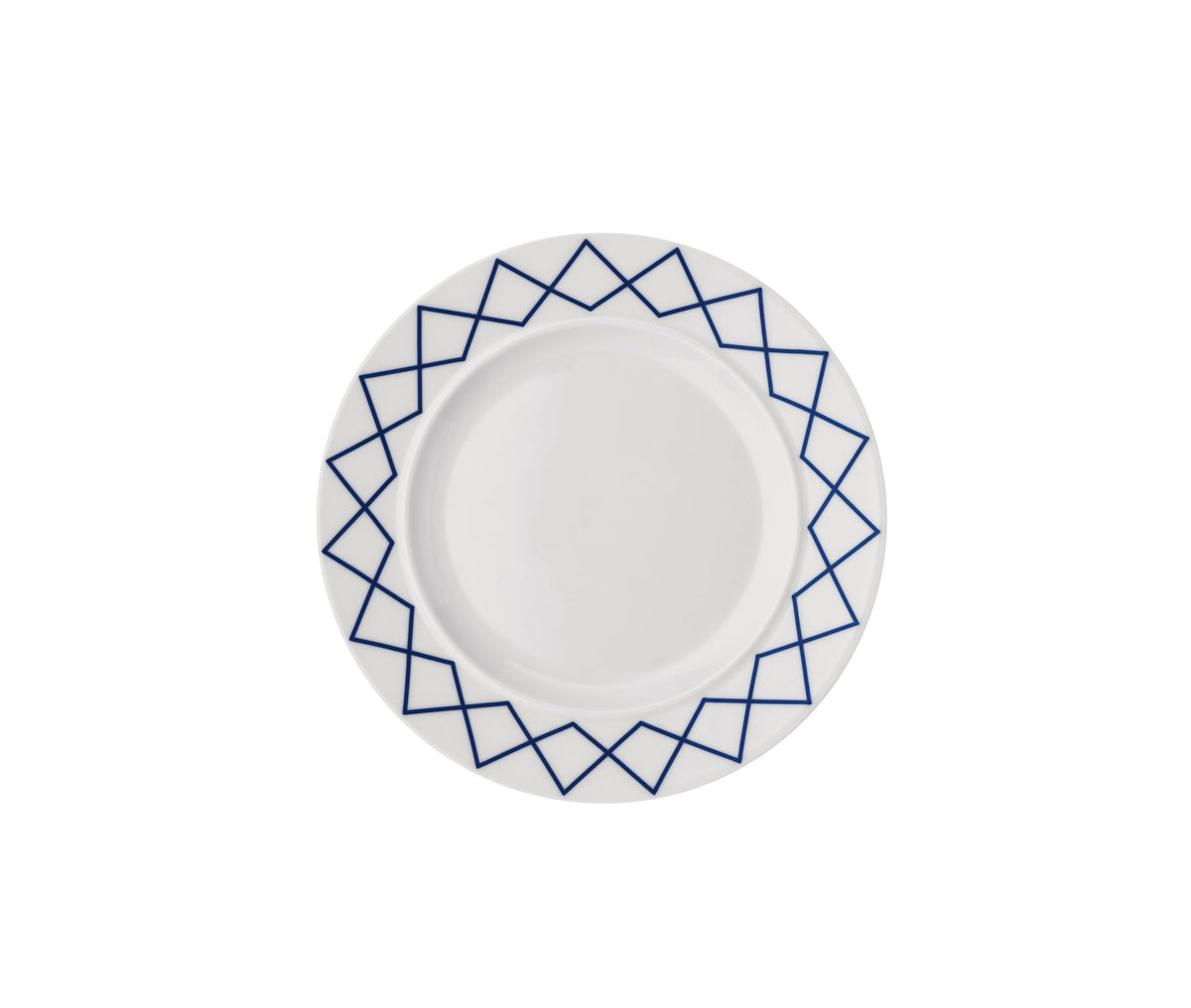 Alessi diner bord My Beautiful China van Sottsass, wit met brede blauwe rand, bovenaanzicht