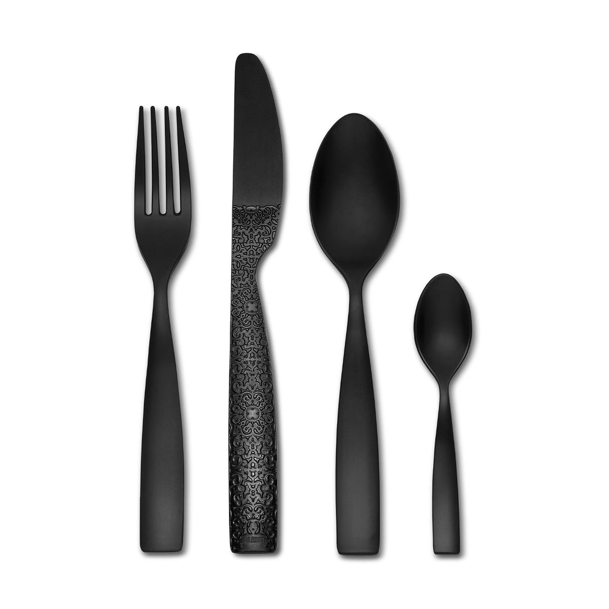 Alessi Dressed En Plein Air bestekset in zwart melamine, achterzijde met reliëfpatroon
