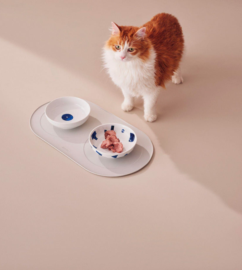 Itsumo siliconen slipmat klein met lage bakjes, in gebruik bij een kat