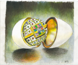 Illustratie van de kerstbal Palla di Fidanzamento met het ringmotief in kleurrijke stenen