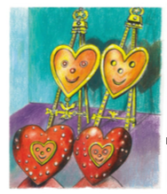 Illustratie van Alessi Cuore e Cuora hart-hangers door Marcello Jori, open en gesloten naast elkaar