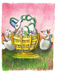 Illustratie van Jori bij de zwaan Cigno di primavera, in gouden mand tussen andere zwanen