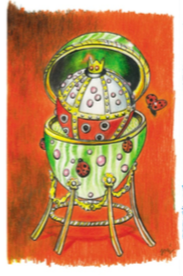Illustratie van de Re Coccinello kerstbal, Alessi, in groentinten met kroonvormig deksel