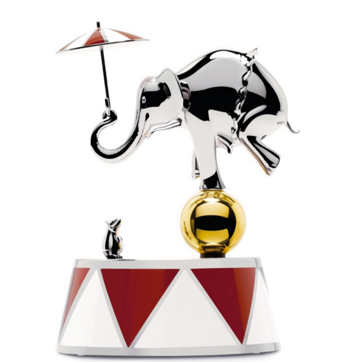 Alessi Ballerina muziekdoosje circus, olifant op bal, zilverkleurig met rode voet