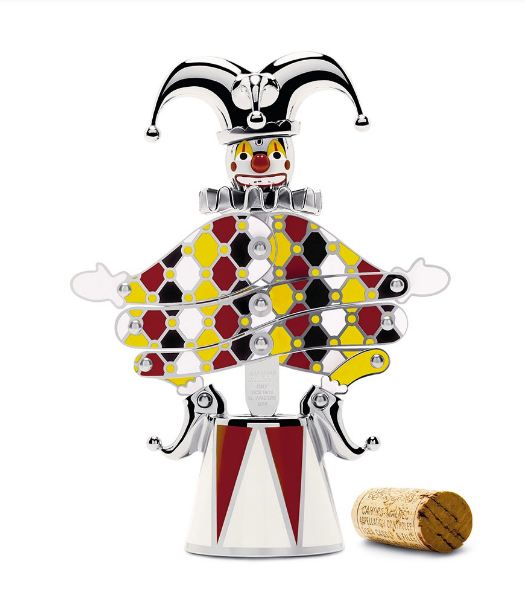 Alessi The Jester kurkentrekker van Marcel Wanders, vooraanzicht met kurk