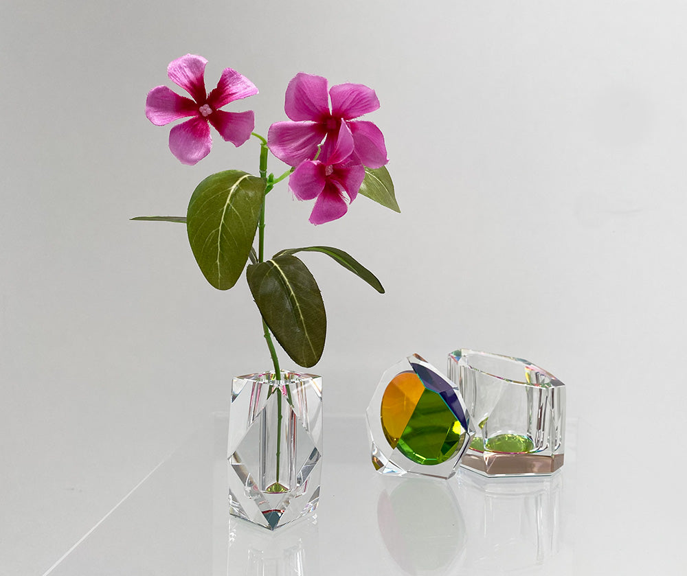 Alessi Rainbow kleine vaas met bloem, naast een kristallen decoratief object