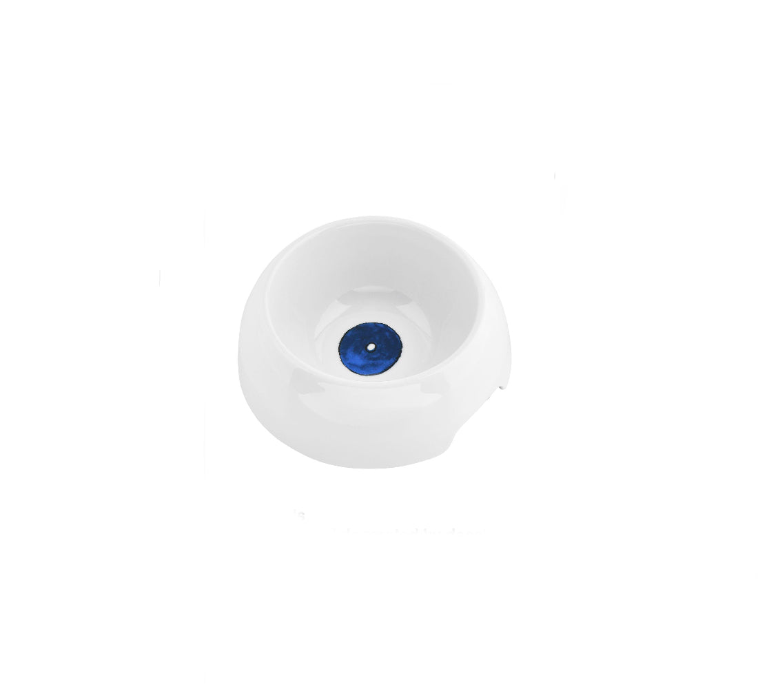 Alessi Itsumo honden water-bak klein, wit porselein met blauwe stip in de bodem, ontwerp Samiro Yunoki.