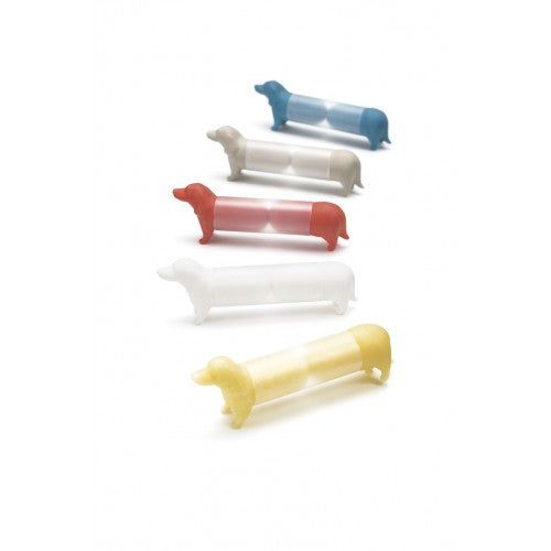 Alessi Mimi japanse oordopjes in teckelvorm, hier siliconen varianten in blauw, grijs, rood, wit en geel