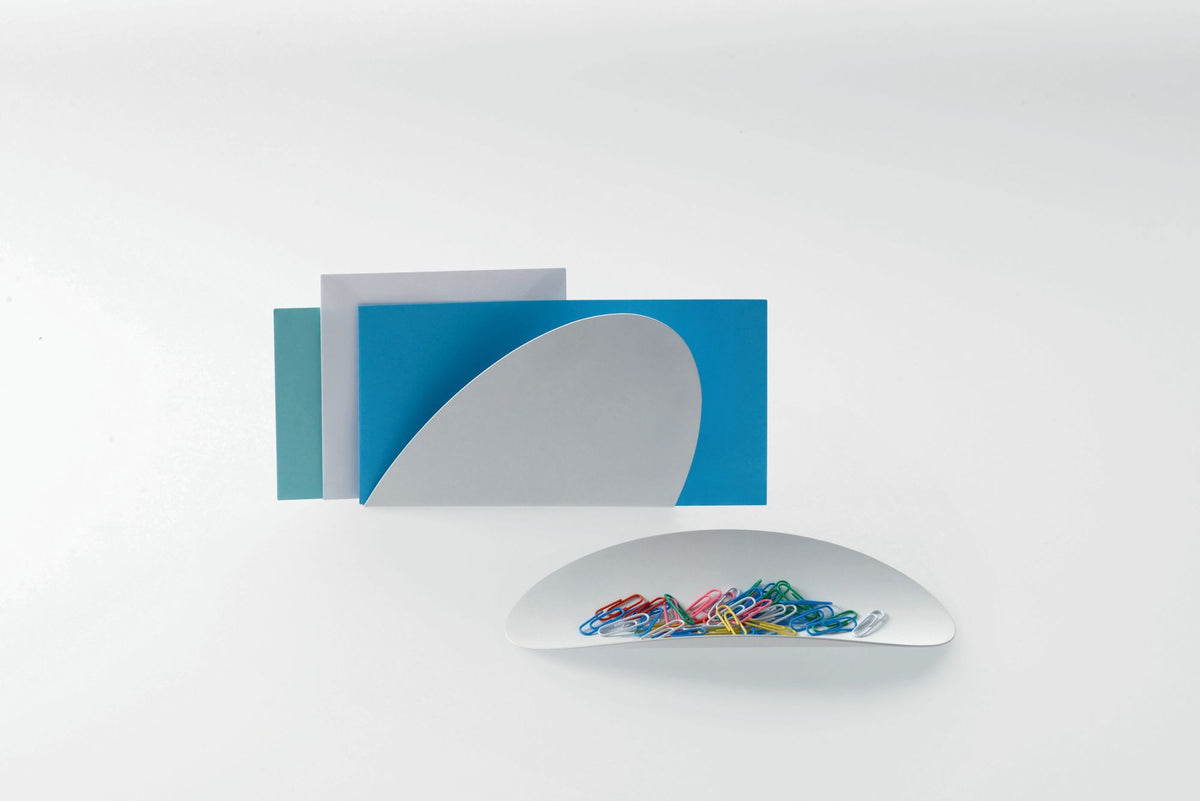 Alessi Ellipse bureau-organizer met kaartenhouder en clipbakje, ellipsvorm in grijs