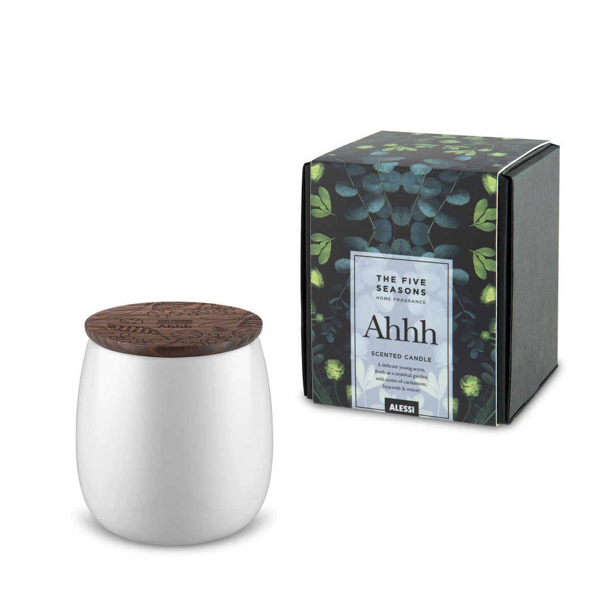 Alessi Ahhh kleine geurkaars van Marcel Wanders, witte porseleinen pot met houten deksel, naast verpakking