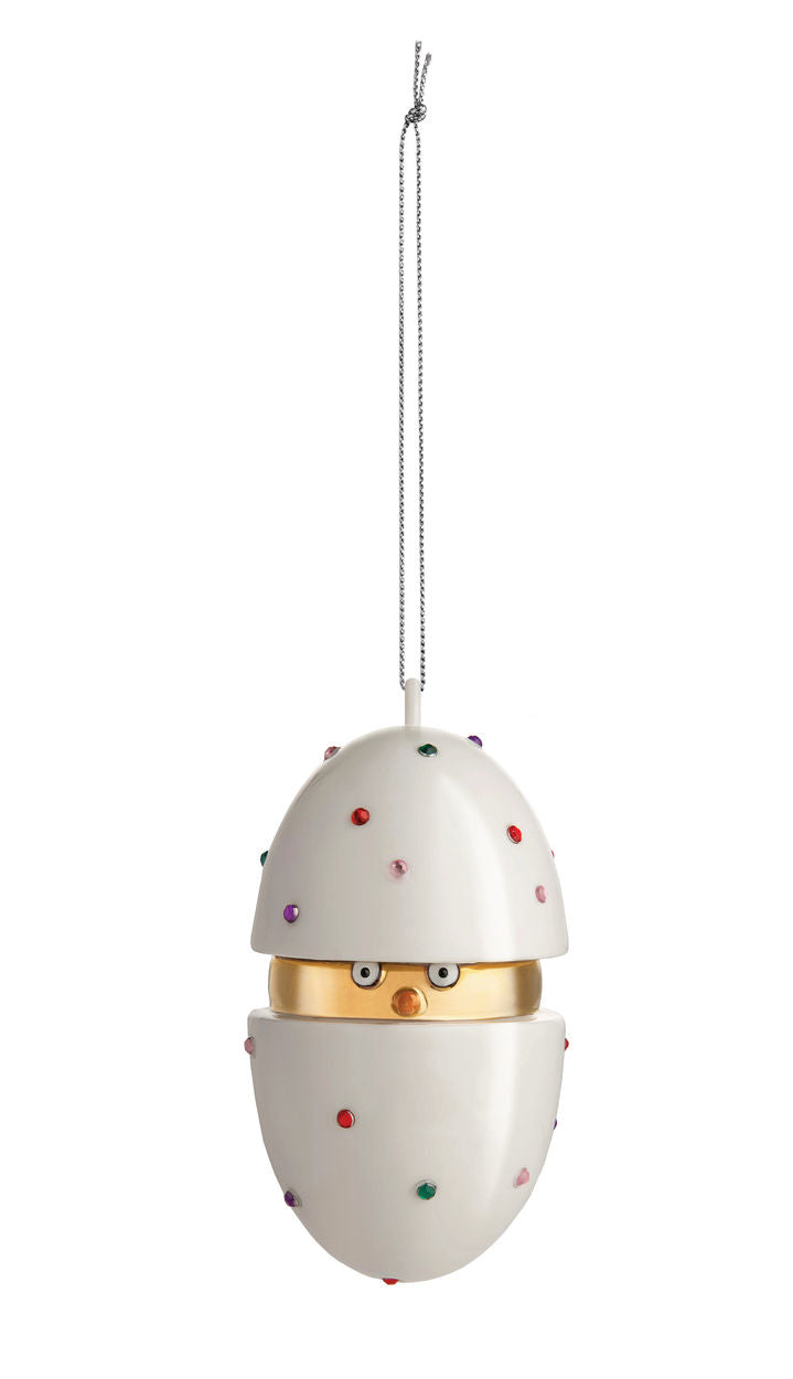 Alessi kerstbal Piacere, Pulcino il Grande, porselein wit met gekleurde steentjes, Marcello Jori