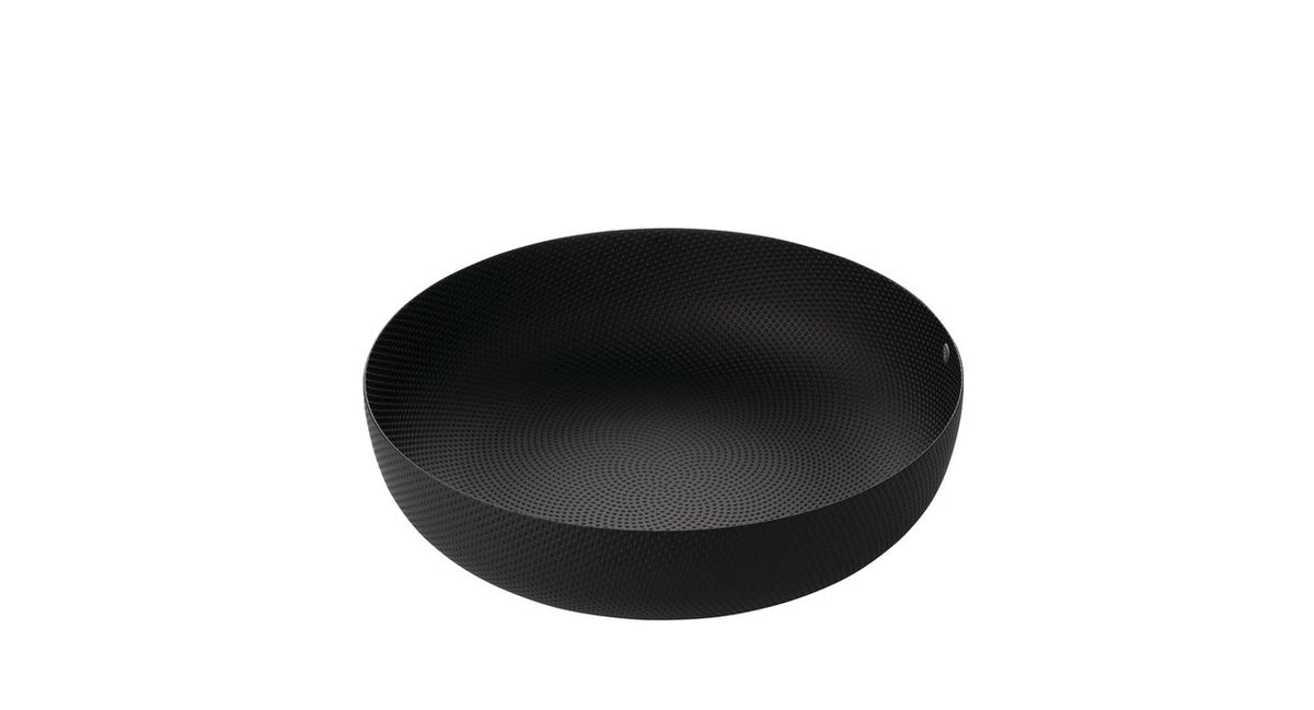 Alessi Extraordinary mand, zwart metaal met reliëf, diameter 24 cm, ontwerp Jasper Morrison