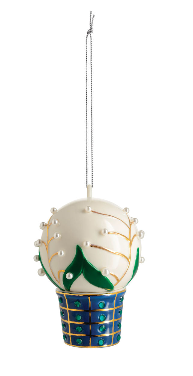 Alessi kerstbal Mughetti e smeraldi, porselein, wit met parels en blauwe voet, Jori