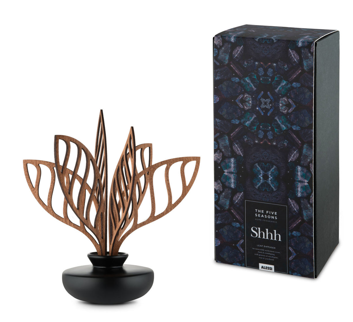 Alessi Shhh diffuser voor badkamer met mahoniehouten geurblaadjes, naast verpakking