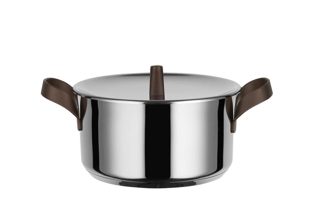 Alessi EDO hoge braadpan met deksel, roestvrij staal met bruine handvatten