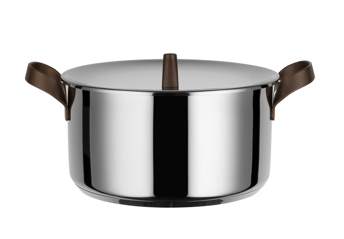 Alessi EDO braadpan met deksel, roestvrij staal met bruine handgrepen