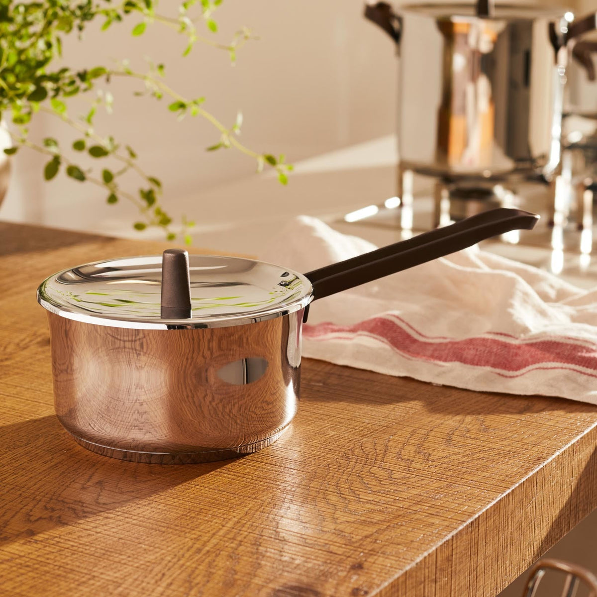 Alessi Steelpan 14 cm Edo PU105/14 op tafel