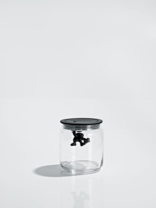 Alessi Gianni Small B voorraadpot met deksel, met man in zwart, diameter 10,5 cm