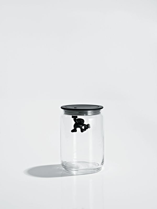 Alessi Gianni voorraadpot van glas met zwarte deksel en man, hoogte 15 cm