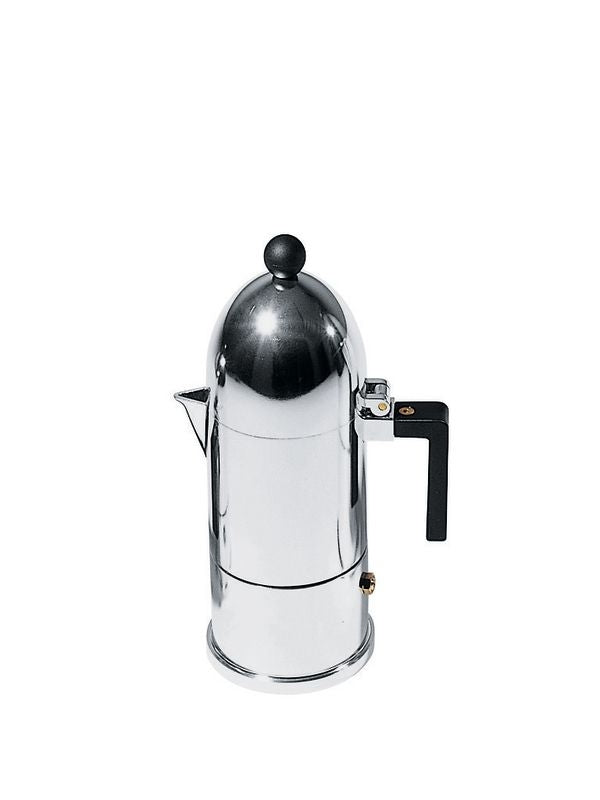 Alessi Cupola koffiemaker, 6 kops, in aluminium, vrijstaand tegen witte achtergrond