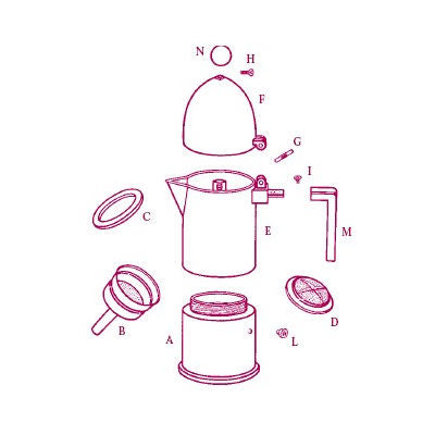 Alessi 9095/1 onderdeel, schenkkan (item E), exploded view tekening