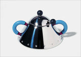 Alessi AZ sugar bowl with spoon, stainless steel with blue handles, Michael Graves