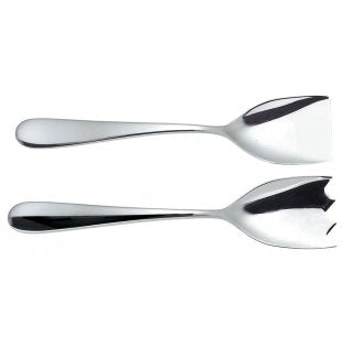 Alessi Nuovo Milano salad servers in stainless steel, spoon and fork side by side