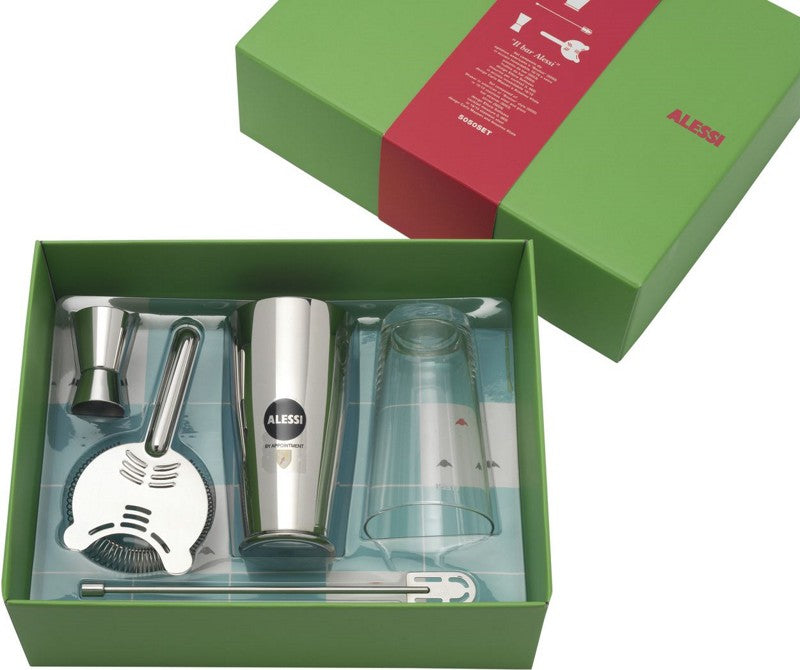 Alessi Boston shaker cadeauset in geopende geschenkdoos, met glas en zeef